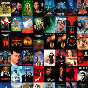 May include: A collage of movie posters, featuring titles like "Ghostbusters," "The Truman Show," and "The Sixth Sense." The posters vary in color and design, showcasing a range of genres from comedy to horror.
