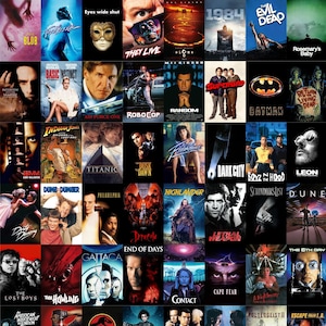 May include: A collage of movie posters featuring various films. Titles include "They Live," "Batman," "Titanic," "RoboCop," "Dumb & Dumber," "The Evil Dead," and "Escape from L.A." The posters showcase diverse genres, including action, horror, and comedy.