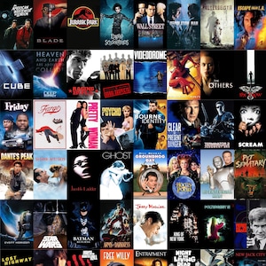 May include: A collage of movie posters, including "Jurassic Park," "Blade," "Edward Scissorhands," and "Pretty Woman." The posters are arranged in a grid, showcasing a variety of film genres and styles. The image is a vibrant display of classic movie art.