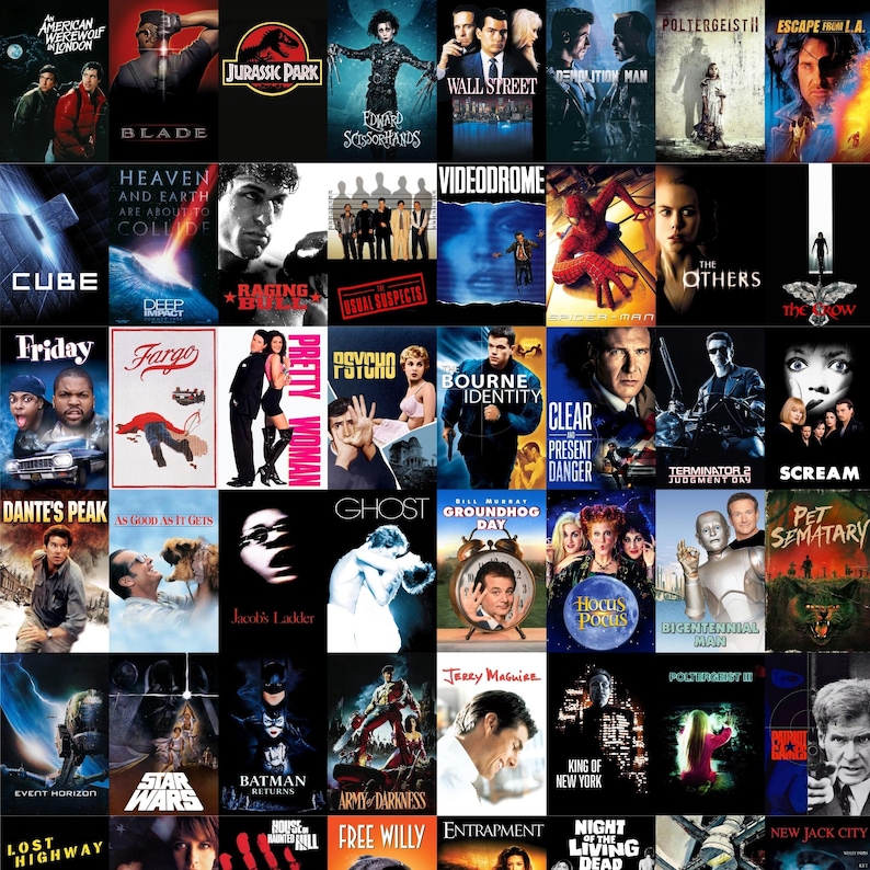May include: A collage of movie posters, including "Jurassic Park," "Blade," "Edward Scissorhands," and "Pretty Woman." The posters are arranged in a grid, showcasing a variety of film genres and styles. The image is a vibrant display of classic movie art.
