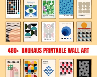 May include: A collection of framed Bauhaus-style art prints. The prints feature geometric shapes, bold colors, and the word "Bauhaus." The text "480+ Bauhaus Printable Wall Art" is displayed in red. The art is displayed on a light yellow background.