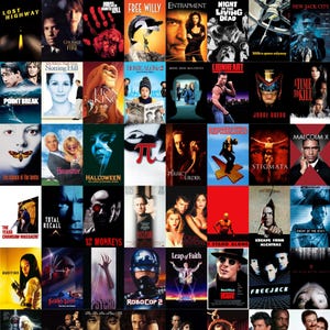 May include: A collage of movie posters featuring various films. Titles include "Lost Highway," "Free Willy," "The Silence of the Lambs," "Halloween," "RoboCop 2," and others. The posters showcase diverse genres and actors.