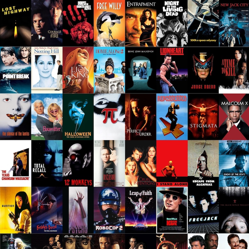 May include: A collage of movie posters featuring various films. Titles include "Lost Highway," "Free Willy," "The Silence of the Lambs," "Halloween," "RoboCop 2," and others. The posters showcase diverse genres and actors.