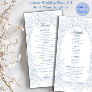 Könnte beinhalten: Zwei Hochzeitsmenüvorlagen mit floralen Designs in Hellblau. Die Menüs umfassen Abschnitte für Vorspeisen, Hauptgerichte, Desserts und Getränke. Der Text enthält die Wörter "Menu" und "Drinks" sowie ein Datum. Der Satz "Edit in Canva" ist ebenfalls sichtbar.