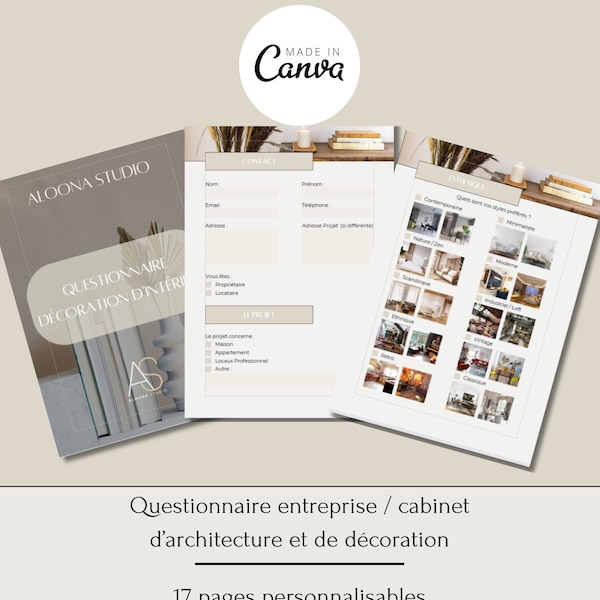 Questionnaire clients Soyeux pour les cabinets d'architecture, les designers d'intérieur et décorateurs, Modèle Canva.