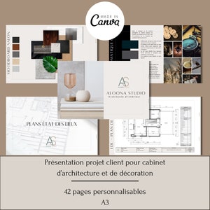 Peut inclure: Présentation d'un projet client pour un cabinet d'architecture et de décoration appelé Aloona Studio. La présentation comprend un mood board, des plans d'étage et une description des services proposés. Le texte indique "Présentation projet client pour cabinet d'architecture et de décoration 42 pages personnalisables A3".