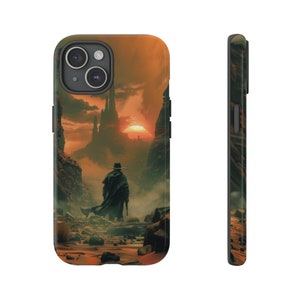 May include: A phone case with a sunset scene featuring a lone figure in a black coat and hat walking towards a distant city. The background is a hazy orange and yellow sky with a rocky landscape.