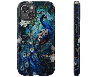 Funda para teléfono con vitral de pavo real azul para iPhone y Samsung