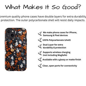 May include: A phone case with a Halloween theme, featuring white ghosts and orange pumpkins on a dark blue background. The case is designed for iPhones, Samsung, and Pixel devices. The text "What Makes It So Good?" is at the top.