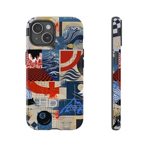 May include: A phone case with a collage design featuring abstract shapes, waves, and a cityscape in red, blue, and white.