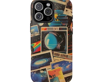 May include: A black phone case featuring a collage of retro space-themed images. The images include planets, stars, and a vintage television screen.