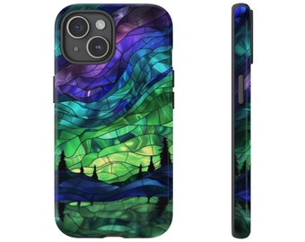 Funda para teléfono con diseño de auroras boreales y vidrieras | iPhone, Samsung, Pixel