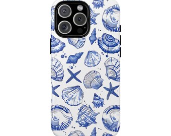 Funda para teléfono con conchas marinas azules para iPhone, Samsung y Pixel