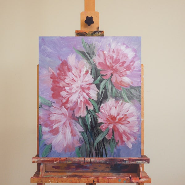 Brise d'été | Peinture originale de pivoines| peinture acrylique faite à la main sur toile de haute qualité