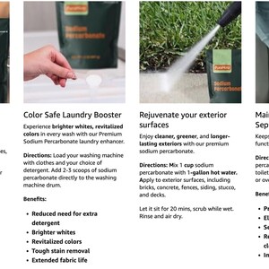 Op de afbeelding: Productafbeeldingen met natriumpercarbonaat voor diverse reinigingstaken. Inclusief vaatwasmiddelversterker, wasmiddelversterker, reiniger voor buiten oppervlakken en onderhoud van septische systemen. Elk product in een groen-witte verpakking.