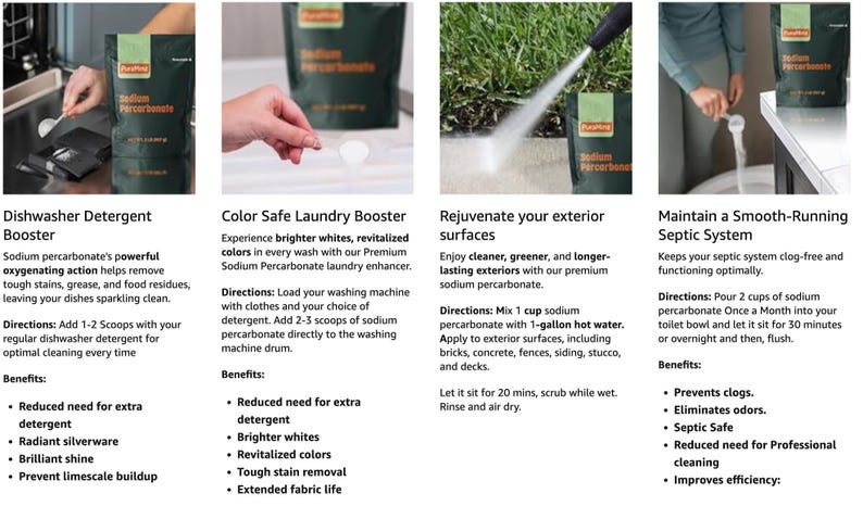 Op de afbeelding: Productafbeeldingen met natriumpercarbonaat voor diverse reinigingstaken. Inclusief vaatwasmiddelversterker, wasmiddelversterker, reiniger voor buiten oppervlakken en onderhoud van septische systemen. Elk product in een groen-witte verpakking.