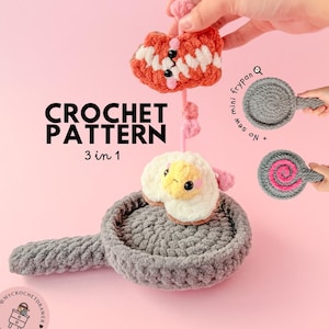 May include: A 3 in 1 crochet pattern featuring a gray yarn frying pan, a fried egg with a yellow center and white edges, and a red yarn piece with white teeth. The text CROCHET PATTERN 3 in 1 and No sew mini frypan are visible on the image.