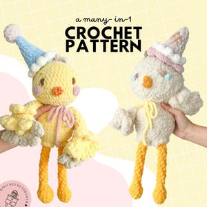 May include: A crochet pattern for a many-in-one crochet chick toy. The chick is yellow with a pink bow and a blue and white hat. The chick has long yellow legs. The pattern is available for download.