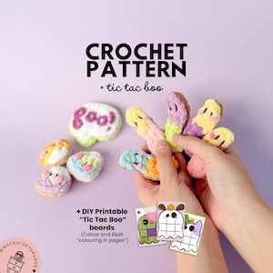 May include: A crochet pattern image with the text "CROCHET PATTERN + tic tac boo". The image shows several small, colorful crochet items, including a "boo" shaped item and several tic-tac-toe pieces. Also included are printable "Tic Tac Boo" boards.