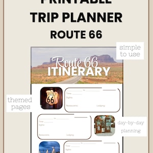 May include: Printable Route 66 trip planner with a beige border. The planner includes the text "Route 66 Itinerary" and features themed pages for day-by-day planning. The design includes images of Route 66 landmarks and the text "simple to use."