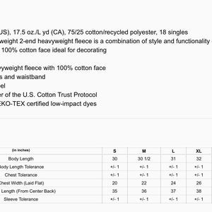 May include: A product information sheet for Hammer Maxweight 2-end heavyweight fleece apparel. It lists features including 10.5 oz./yd2 weight, 75/25 cotton/recycled polyester blend, 1x1 rib cuffs, and a size chart with measurements in inches from S to 4XL.