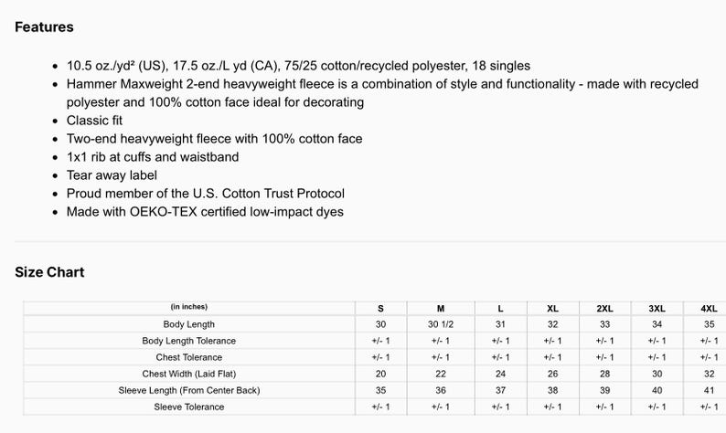 May include: A product information sheet for Hammer Maxweight 2-end heavyweight fleece apparel. It lists features including 10.5 oz./yd2 weight, 75/25 cotton/recycled polyester blend, 1x1 rib cuffs, and a size chart with measurements in inches from S to 4XL.