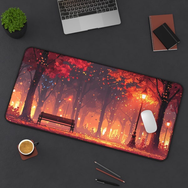 Pixel art Autumn Desk Mat, Lofi aesthetic Park Mouse Pad, 8 bit Retro Gaming Mousepad, Japanese Anime Deskmat, Cozy Tokyo Workspace Decor