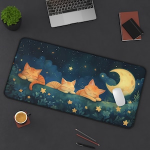 Alfombrilla de escritorio de gatos soñadores, alfombrilla de ratón de gato lindo, alfombrilla de ratón de dibujos animados Kawaii cielo nocturno de gato, decoración de oficina de espacio de trabajo estrellado mágico, luz de luna de luz estelar