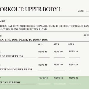 Pode incluir: Uma folha de registro de treino branca intitulada WORKOUT: UPPER BODY 1 com seções para data, exercícios de aquecimento como cat-cow e plank, e uma tabela para movimentos como flat DB chest press, DB seated shoulder press e seated cable row.