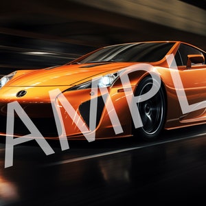 Könnte beinhalten: Ein orangefarbener Lexus-Sportwagen fährt durch einen Tunnel, mit Bewegungsunschärfe-Effekten. Das Wort "SAMPLE" ist auf dem Auto überlagert. Das Auto hat schwarze Räder und ein schlankes Design mit hellen Scheinwerfern und Rücklichtern.