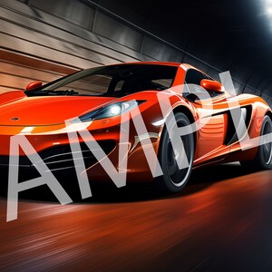 Peut inclure: Une voiture de sport orange foncée file à toute vitesse dans un tunnel, ses phares allumés. Le design épuré de la voiture est mis en valeur sur le fond flou, créant une sensation de vitesse. Le mot "SAMPLE" est superposé à l'image.