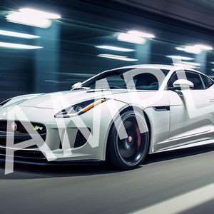 Puede incluir: Un coche deportivo blanco corre a gran velocidad por un túnel, con la palabra "SALE" superpuesta. El coche tiene ruedas negras y un diseño elegante, con las paredes del túnel borrosas en el fondo.