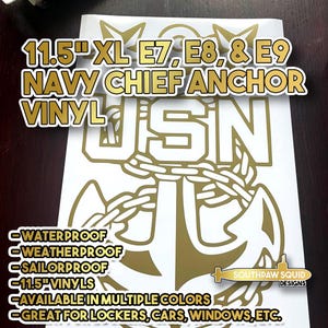 May include: Gold vinyl decal of a Navy Chief anchor with the letters USN. The decal is 11.5 inches tall and is waterproof, weatherproof, and sailorproof. It is available in multiple colors and is great for lockers, cars, windows, and other surfaces.