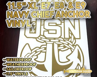 May include: Gold vinyl decal of a Navy Chief anchor with the letters USN. The decal is 11.5 inches tall and is waterproof, weatherproof, and sailorproof. It is available in multiple colors and is great for lockers, cars, windows, and other surfaces.