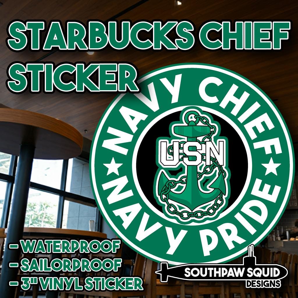 Starbucks Chief 3" Vinyl Sticker, Gifts for Him, dunkin donuts, tumbler, Fathers Day Gift, Coffee Gift, Navy Chief Gift, CPO, Chef Season