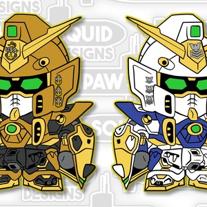 May include: Two cartoon-style robot figures, one gold and black, the other white, blue, and gold. Both have green visors, angular designs, and weapons. The gold robot has a military insignia. The background is white with repeating text.