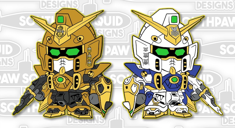 May include: Two cartoon-style robot figures, one gold and black, the other white, blue, and gold. Both have green visors, angular designs, and weapons. The gold robot has a military insignia. The background is white with repeating text.