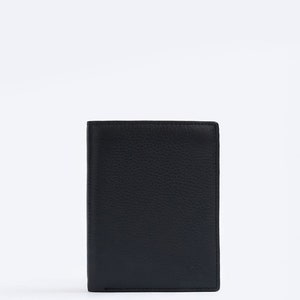 May include: A black leather wallet with a textured surface.
