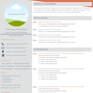 Puede incluir: Una plantilla de currículum con secciones para el resumen del perfil, la educación, la experiencia, las habilidades, los idiomas, el software y los intereses. Esta plantilla está diseñada para ayudar a los buscadores de empleo a crear un currículum profesional y eficaz.