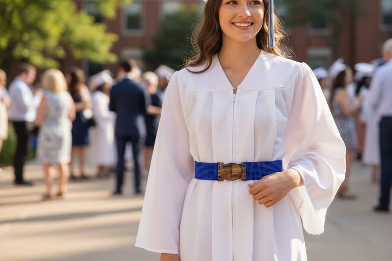Pode incluir: Uma pessoa vestindo uma beca branca com um cinto azul e uma fivela de madeira. A pessoa est&aacute; sorrindo e usando um chap&eacute;u de formatura. Outras pessoas est&atilde;o ao fundo.