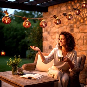 May include: A string of decorative globe-shaped lights with intricate cut-out patterns that cast a warm, glowing light. The spherical lamps are suspended on a cord, featuring a dark brown finish and emitting a soft, golden illumination.