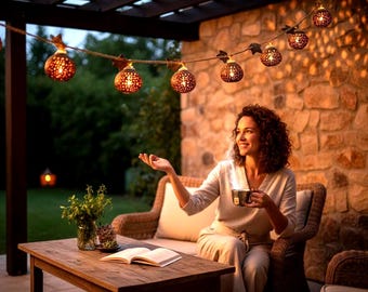 Handmade Coconut Shell String Lights – Boho Outdoor Patio Lights  – Tropical Garden Decor