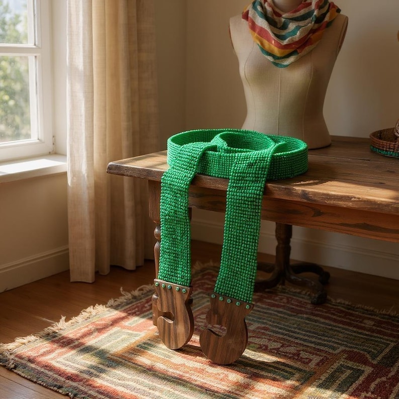 Pode incluir: Um cinto verde brilhante com uma trama texturizada e extremidades de madeira em forma de guitarra. O cinto &eacute; exibido em uma mesa de madeira. Um manequim com um len&ccedil;o colorido est&aacute; ao fundo. O tapete em primeiro plano tem um padr&atilde;o.