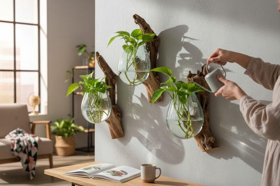 Driftwood Wall Planter with Hand Blown Glass Vase | Rustic Vertical Garden Decor |