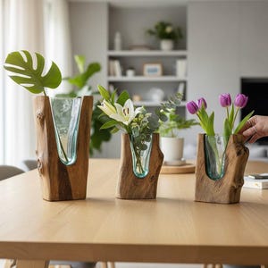PRE-ORDER-Melted Glass Vase on Teakwood: Handcrafted Organic Sculpture. image 1
