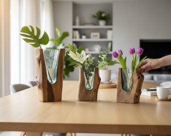 PRE-ORDER-Melted Glass Vase on Teakwood: Handcrafted Organic Sculpture.