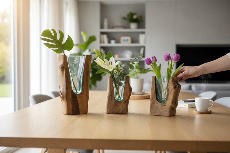 PRE-ORDER-Melted Glass Vase on Teakwood: Handcrafted Organic Sculpture. image 1