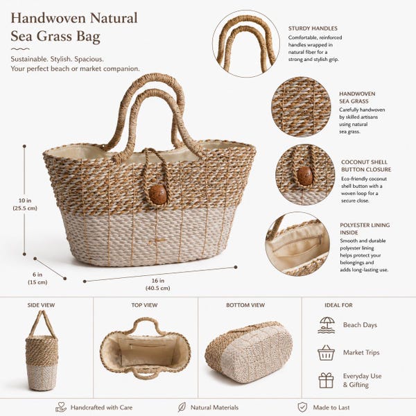 Handwoven Seagrass Tote Bag | Natural Straw Handbag, Coconut Button Closure, Fabric Bow Accent