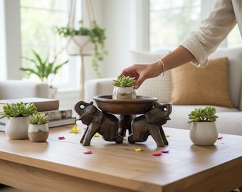 PRE-ORDER - Carved Wood Elephant Tray Stand: Artisanal Home Decor
