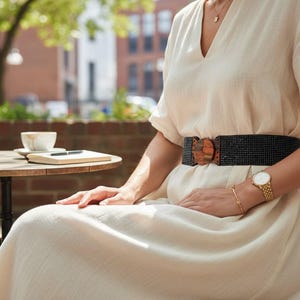 Pode incluir: Vestido creme com decote em V e mangas curtas. O vestido &eacute; cintado na cintura com um cinto preto largo com fivela de madeira. Um rel&oacute;gio e uma pulseira dourados s&atilde;o vis&iacute;veis. Uma ch&aacute;vena de caf&eacute; e um caderno est&atilde;o numa mesa pequena.